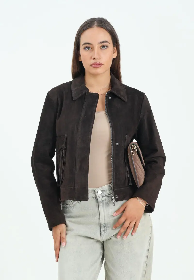 Giubbotto in pelle scamosciata marrone da donna dal design in stile western miniatura 2