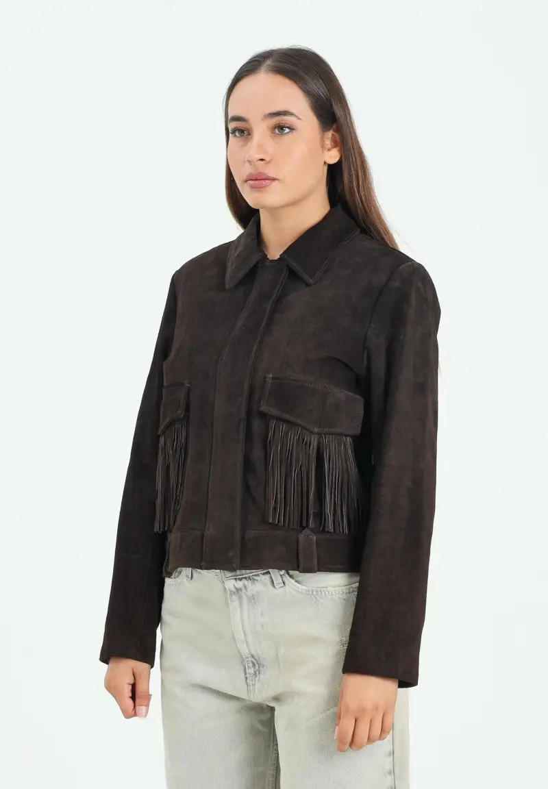 Giubbotto in pelle scamosciata marrone da donna dal design in stile western