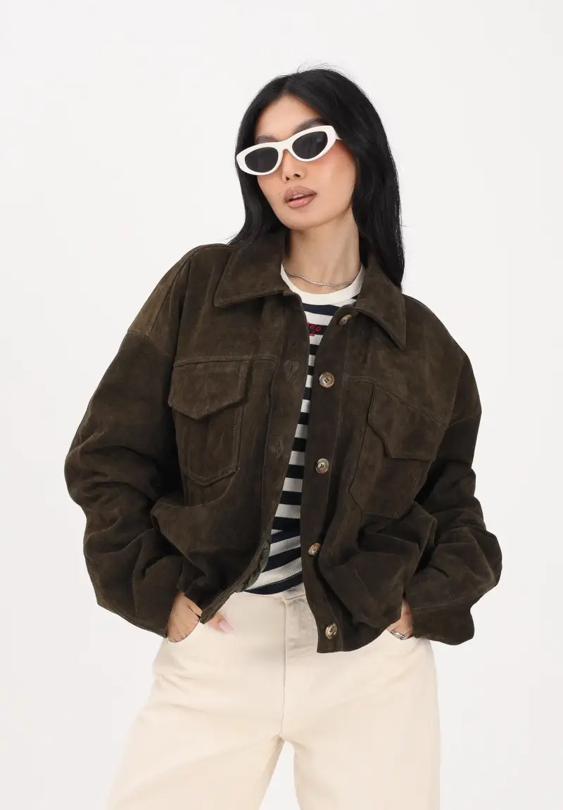 Giubbotto in pelle scamosciata verde militare da donna miniatura 2