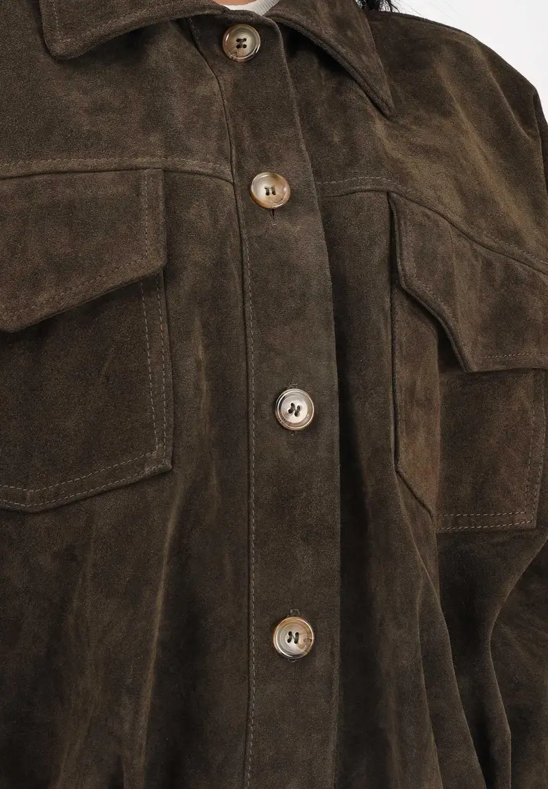 Giubbotto in pelle scamosciata verde militare da donna miniatura 3