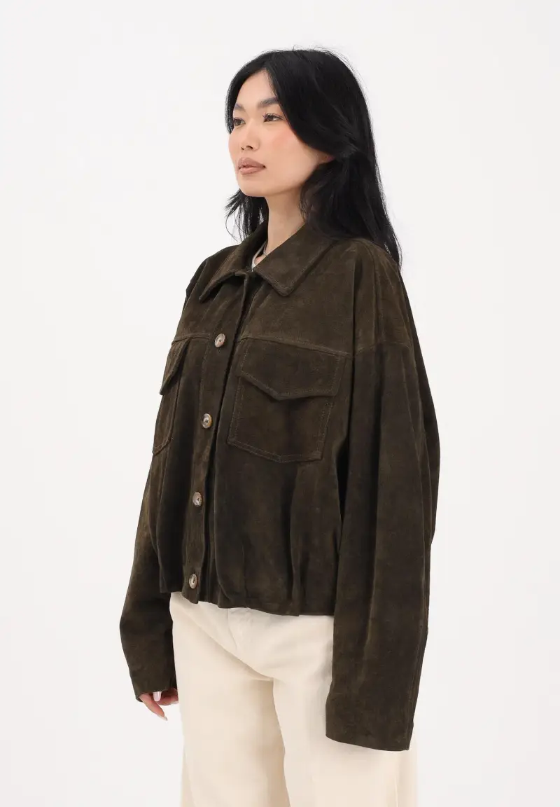 Giubbotto in pelle scamosciata verde militare da donna