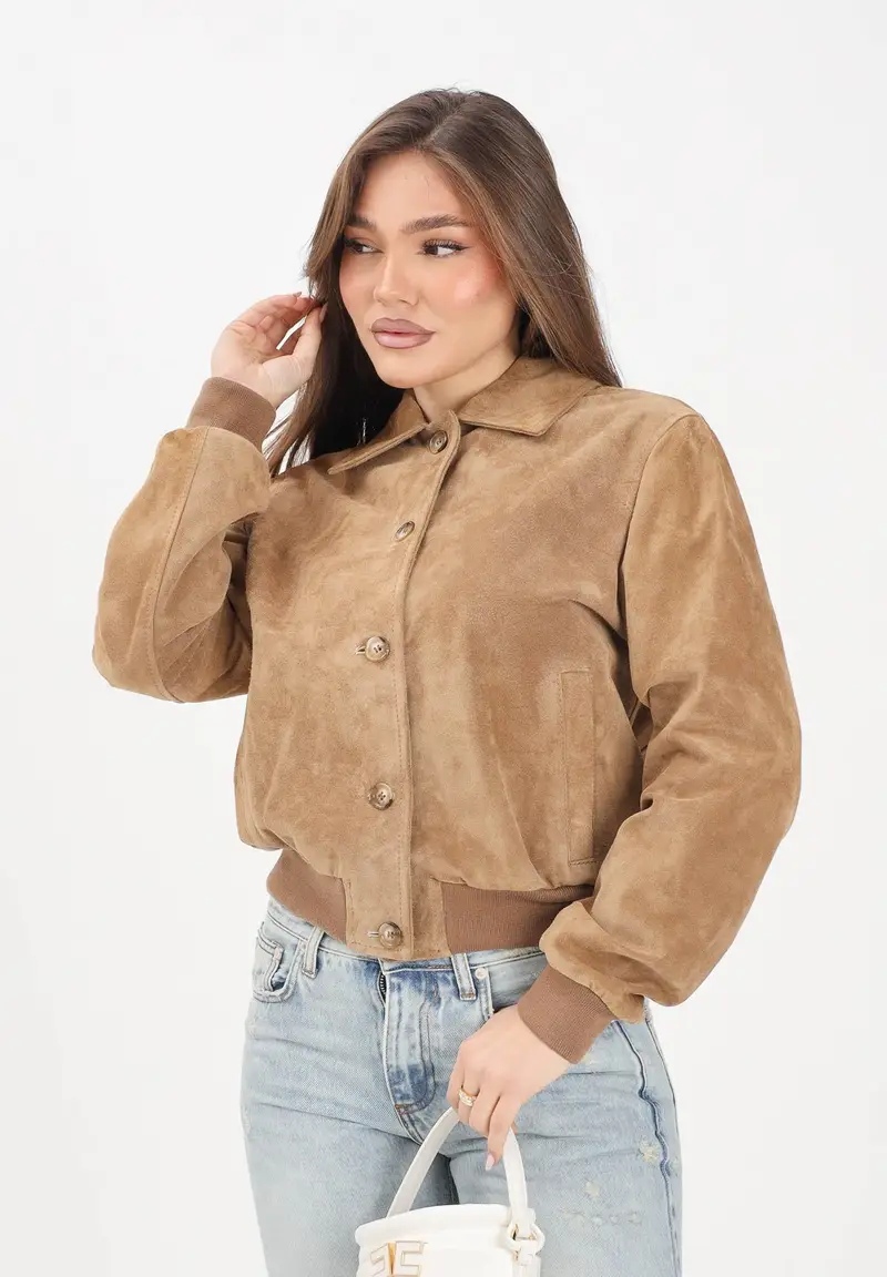 Giubbotto in suede kaki da donna miniatura 2