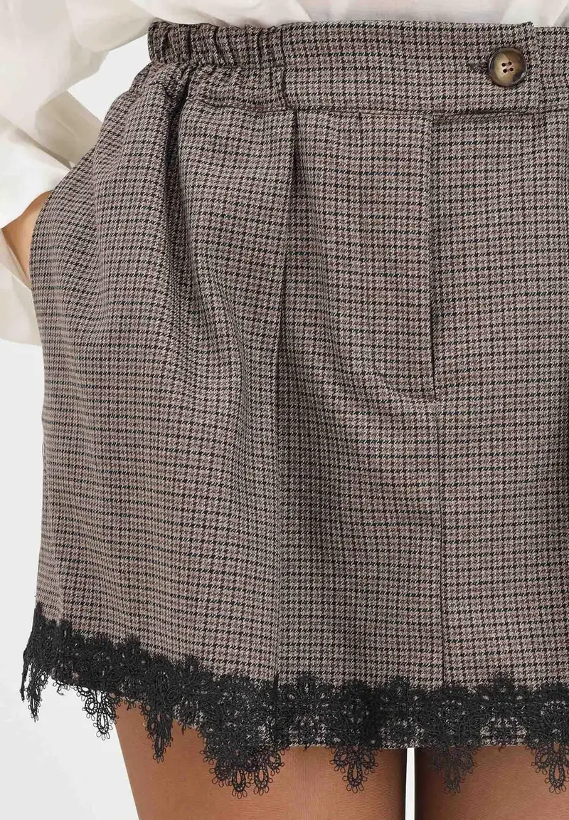 Gonna corta da donna realizzata in tessuto principe di Galles nei toni del marrone e nero miniatura 3