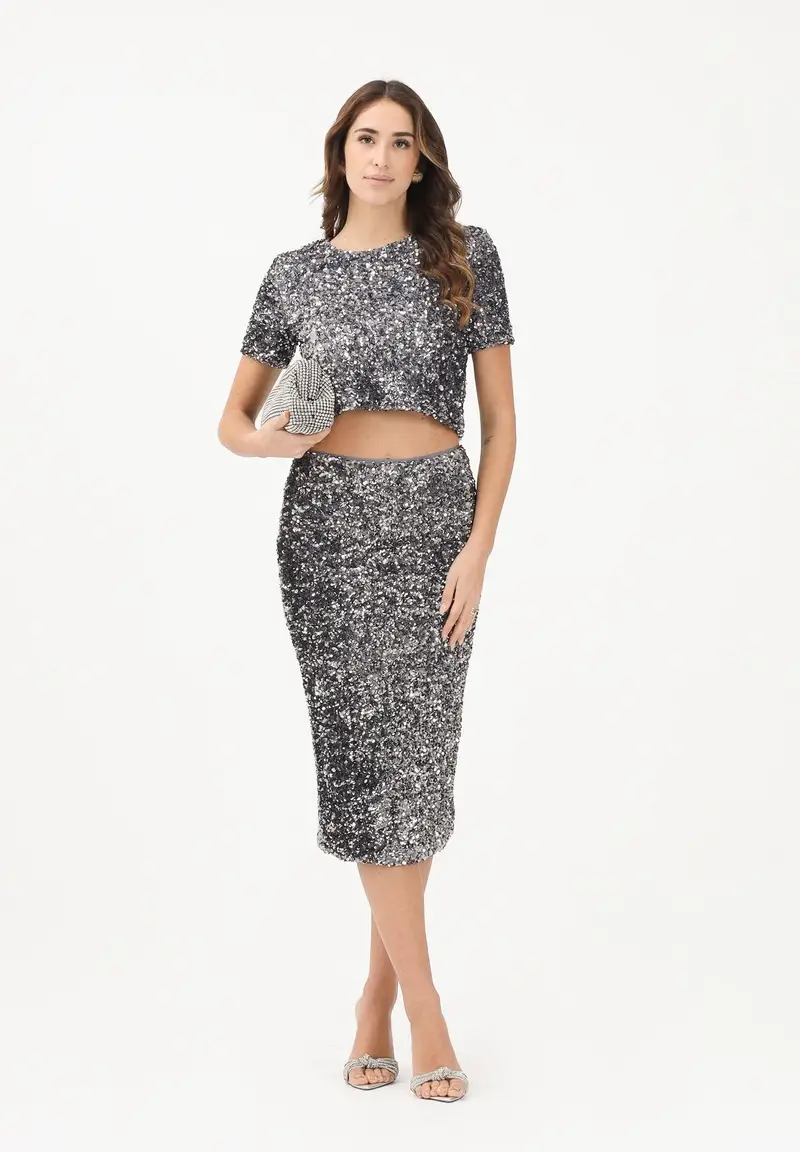 Gonna midi a tubino grigia da donna ricoperta di paillettes miniatura 2