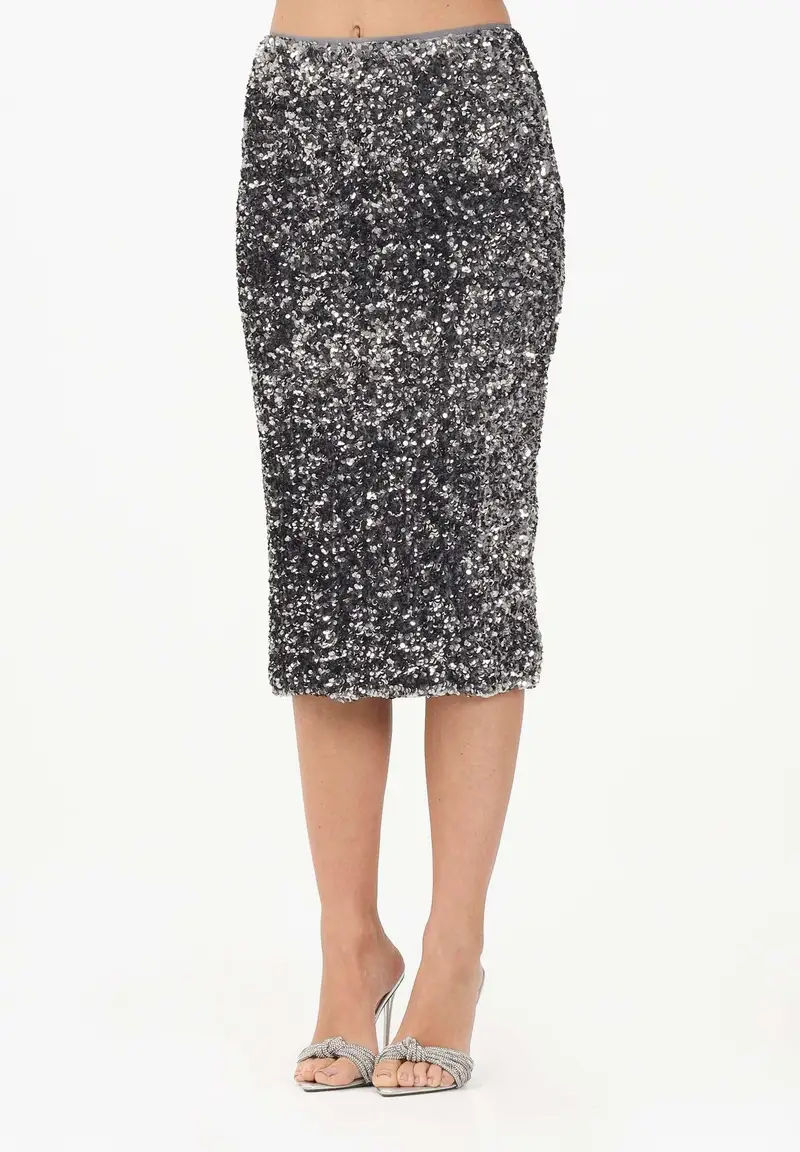 Gonna midi a tubino grigia da donna ricoperta di paillettes