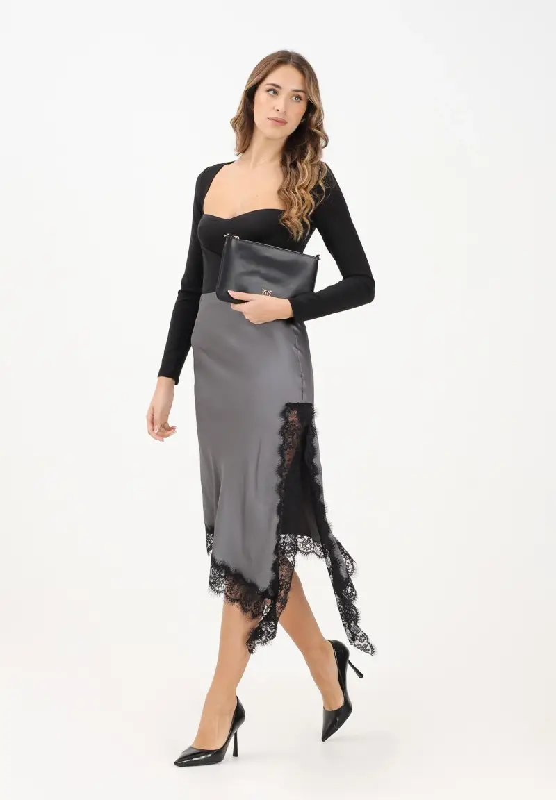Gonna midi grigia da donna con profilo in pizzo nero miniatura 2