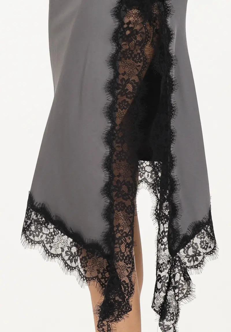 Gonna midi grigia da donna con profilo in pizzo nero miniatura 3
