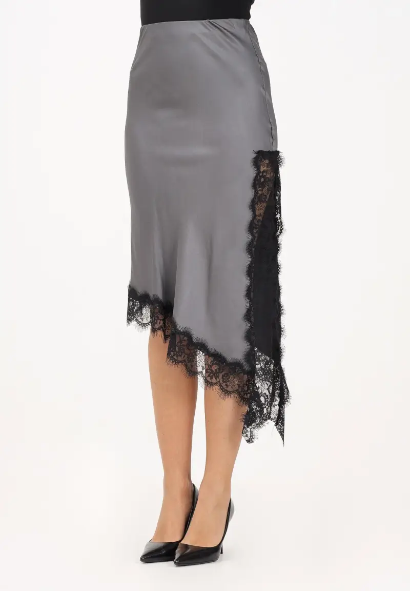 Gonna midi grigia da donna con profilo in pizzo nero