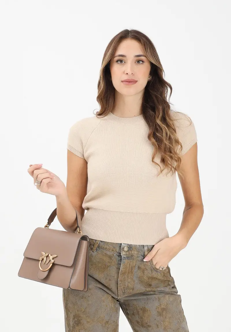 Maglioncino beige da donna con maniche corte e scollo tondo miniatura 2