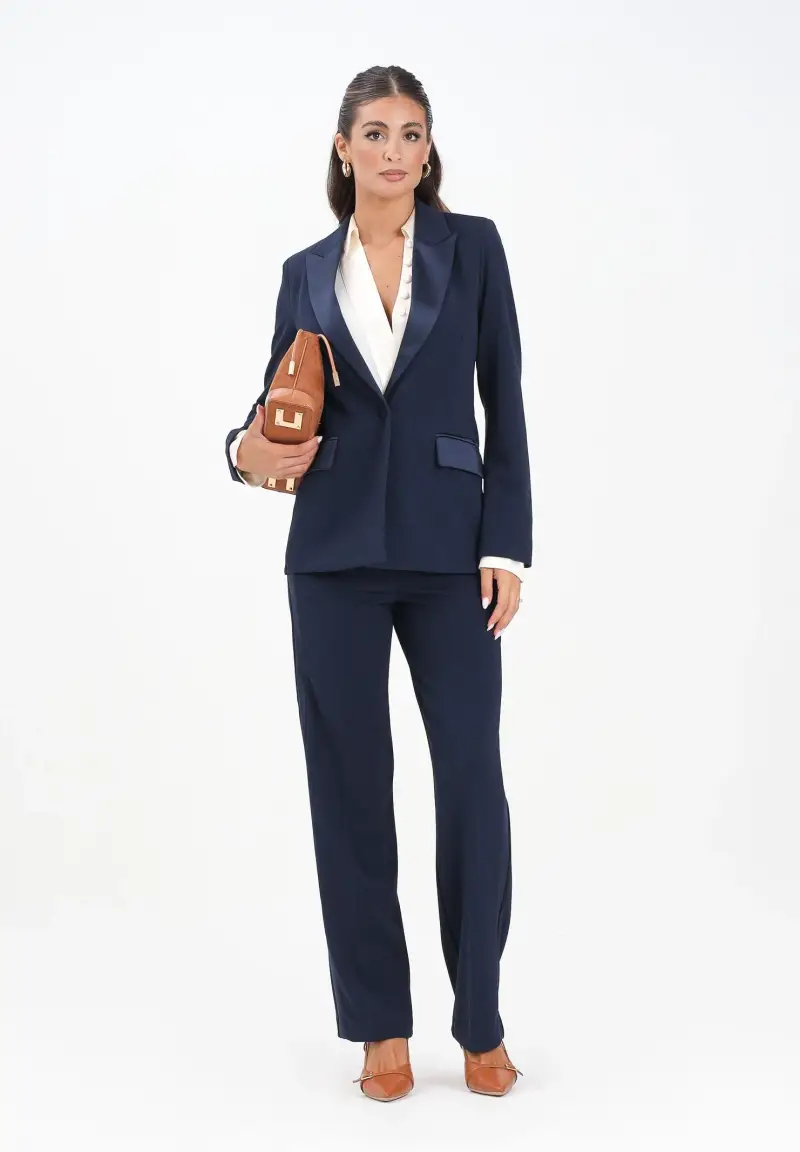 Pantalone elegante blu da donna con bande laterali in raso miniatura 2