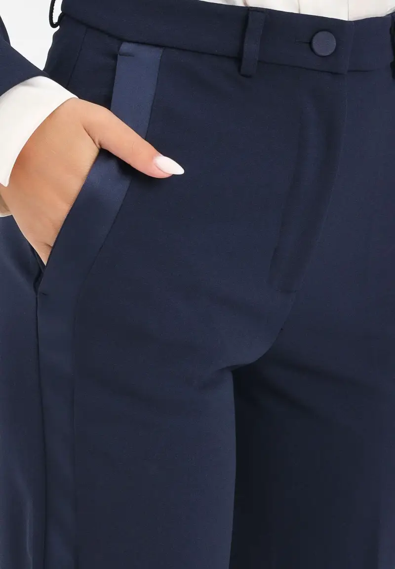 Pantalone elegante blu da donna con bande laterali in raso miniatura 3