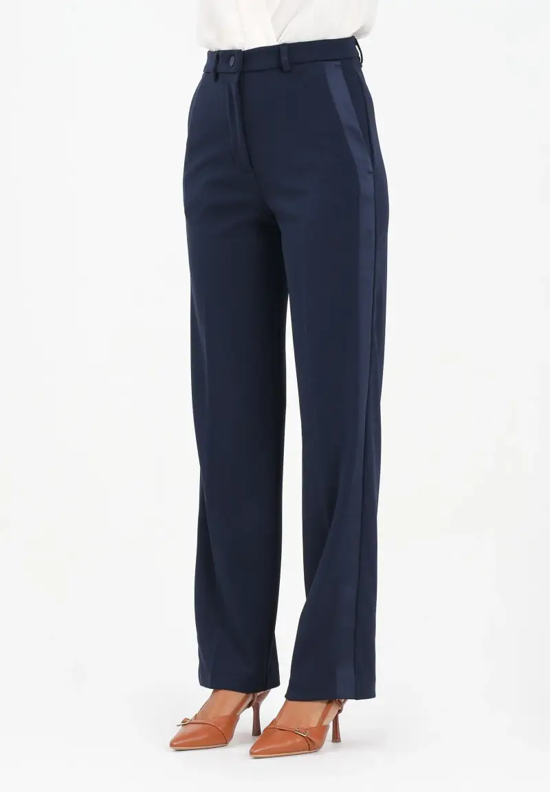 Pantalone elegante blu da donna con bande laterali in raso