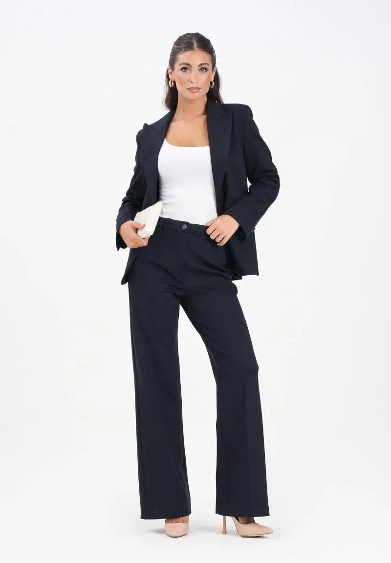 Pantalone elegante blu da donna con sottili righe gessate verticali miniatura 2
