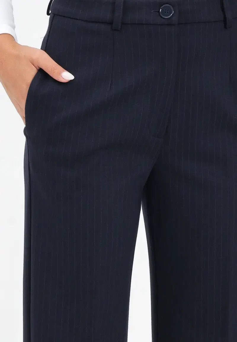 Pantalone elegante blu da donna con sottili righe gessate verticali miniatura 3