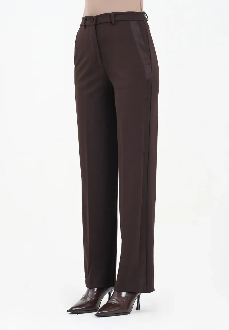 Pantalone elegante marrone da donna con bande laterali in raso