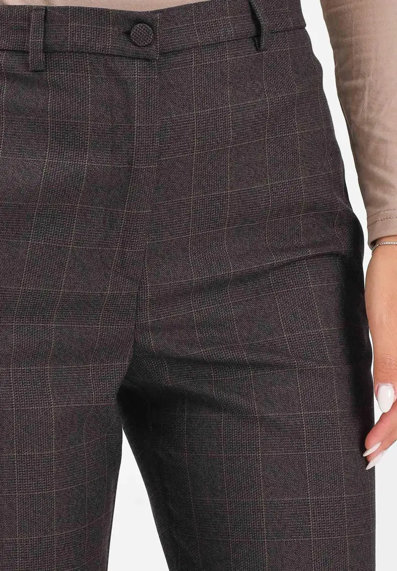 Pantalone elegante marrone da donna con motivo a quadri sottili miniatura 3