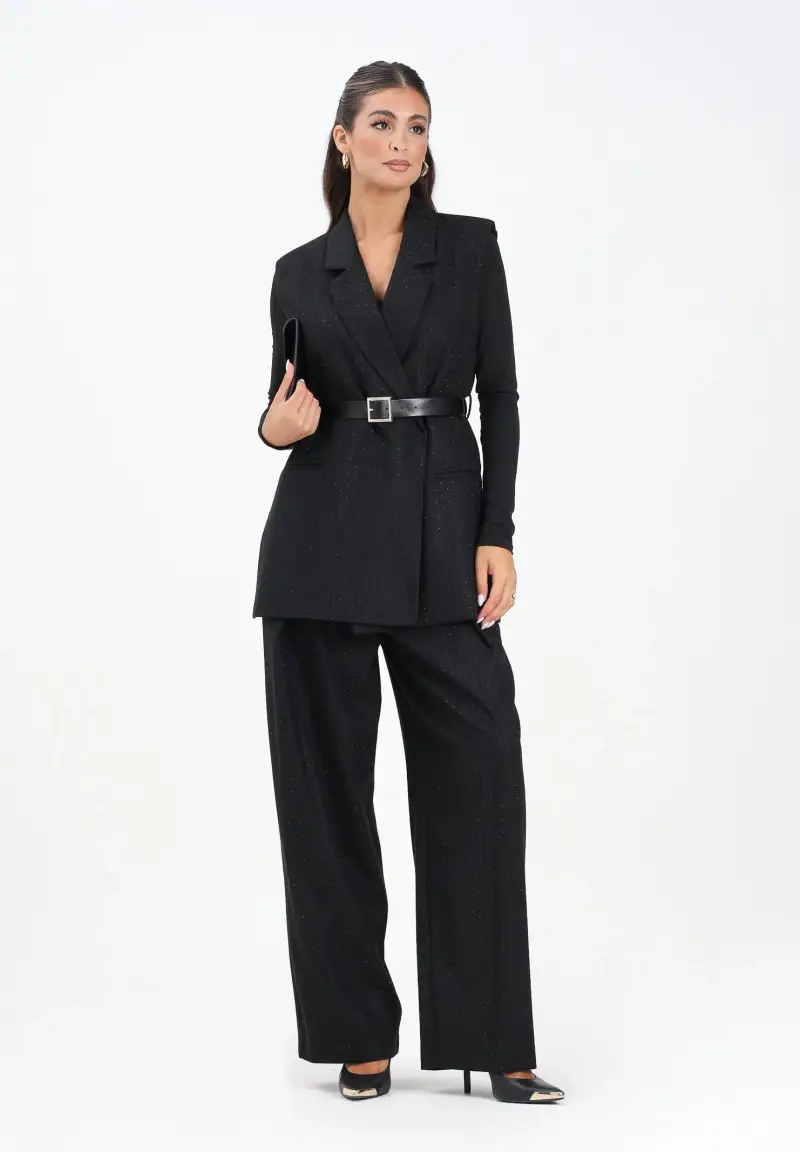 Pantalone elegante nero da donna con motivo gessato e strass miniatura 2