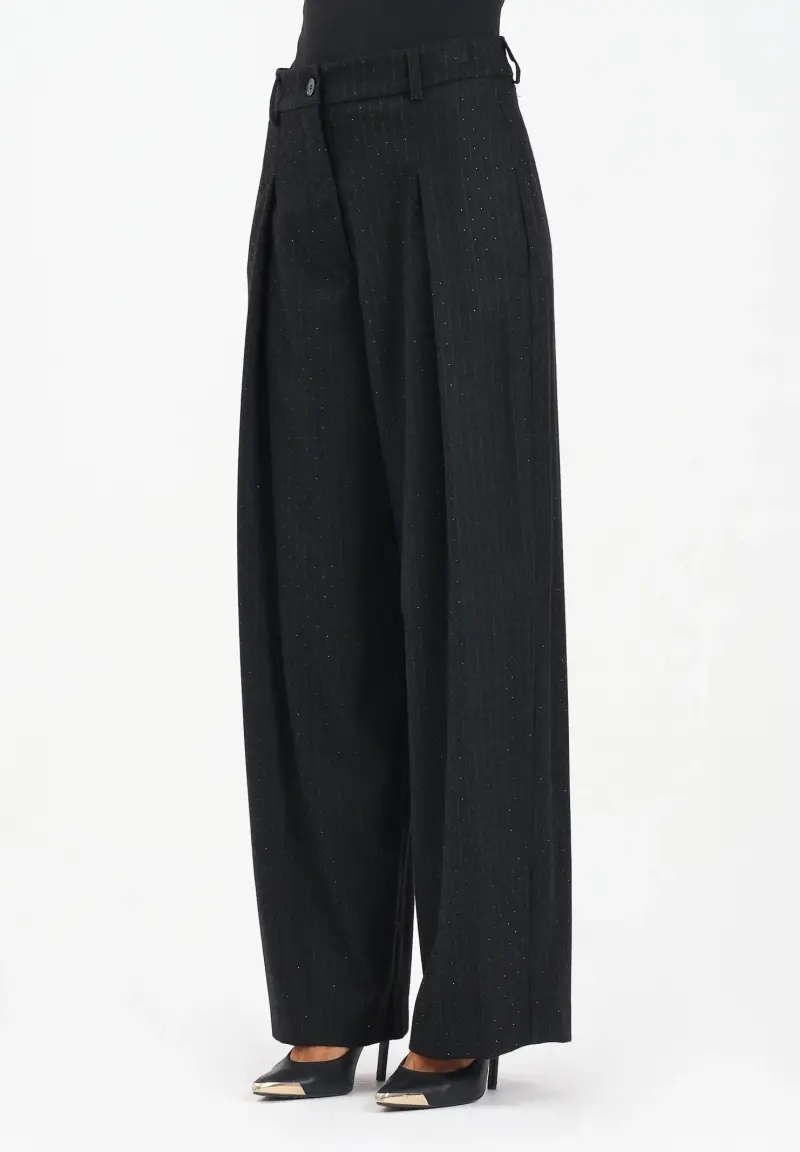 Pantalone elegante nero da donna con motivo gessato e strass
