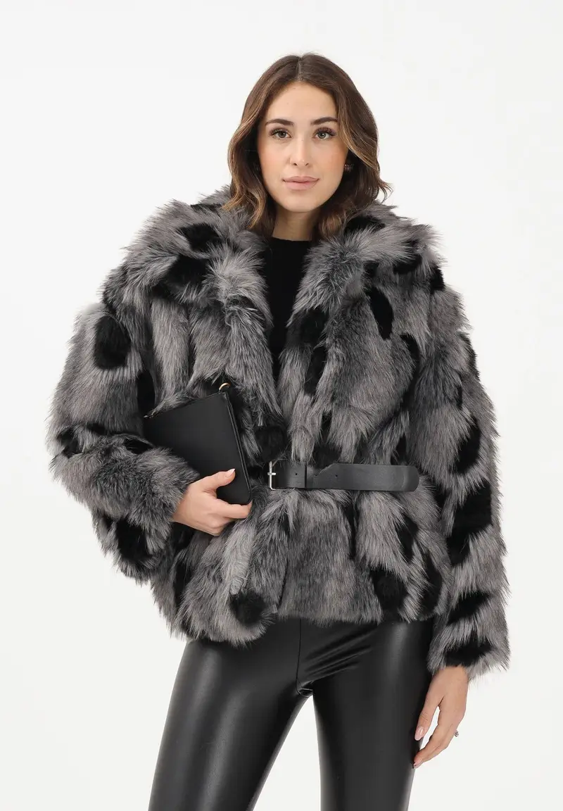 Pelliccia grigia e nera da donna con cintura miniatura 2