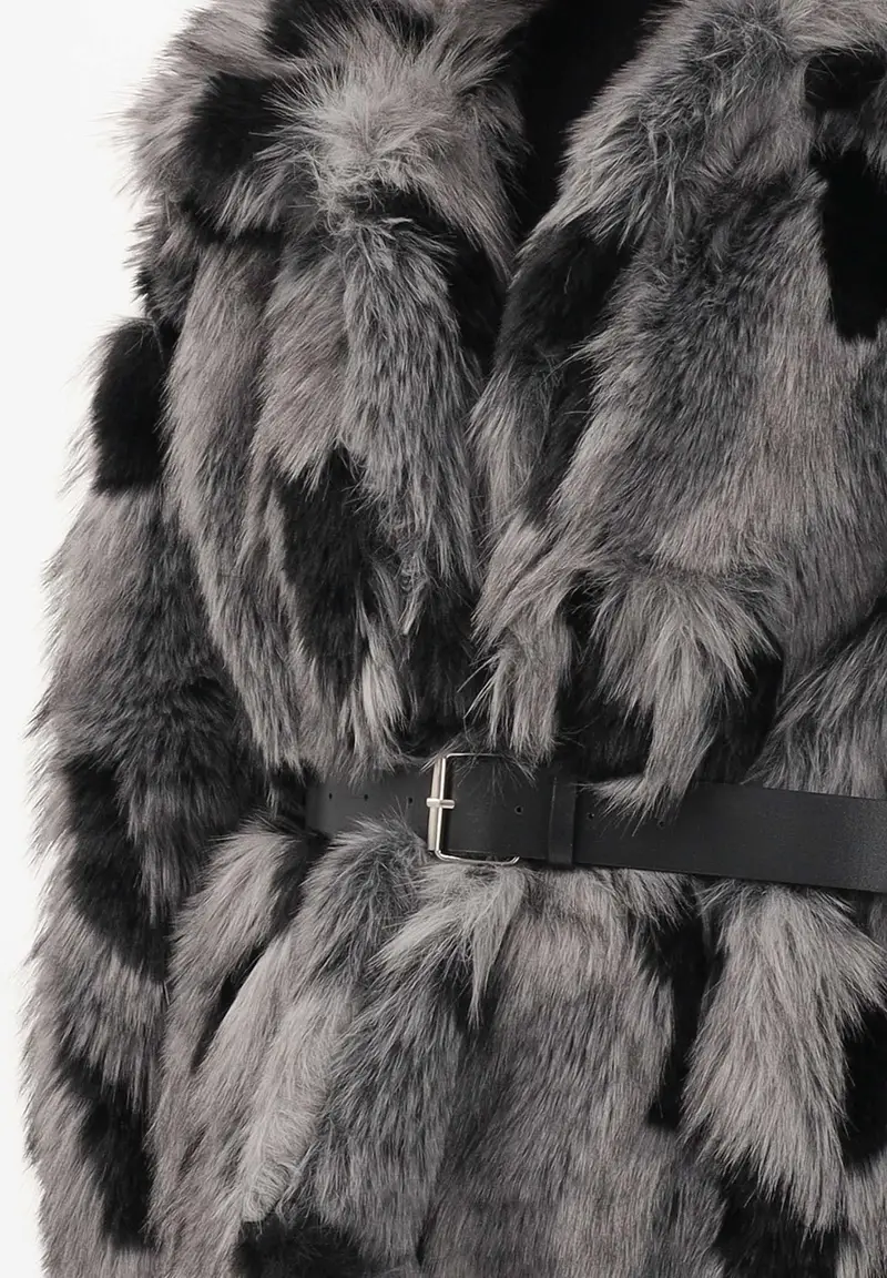 Pelliccia grigia e nera da donna con cintura miniatura 3