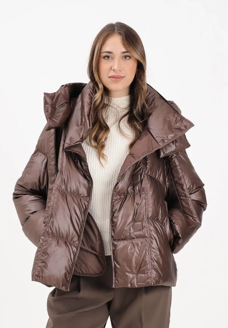 Piumino marrone da donna con maxi cappuccio miniatura 2