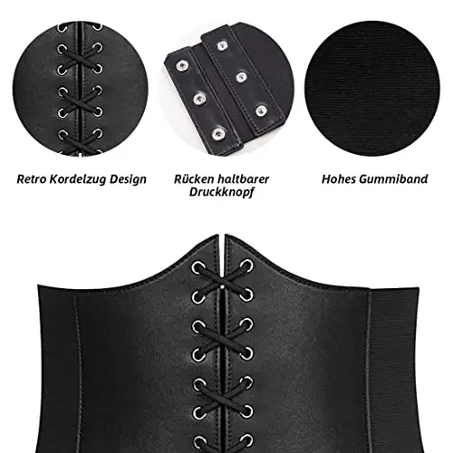 VicSec Cintura Elastica in Vita con Corsetto Retrò Larga Nera per Donna e Ragazza con Lacci miniatura 3