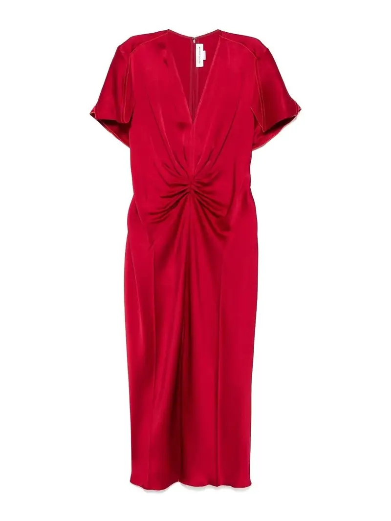 Vestito midi con scollo a V raccolto Rosso
