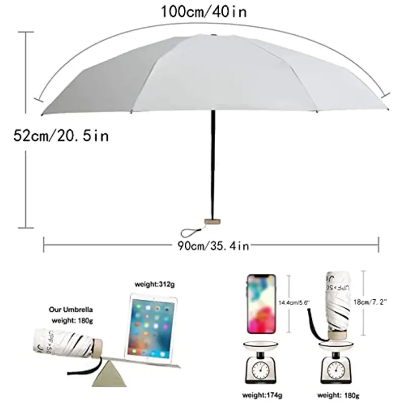 Vinmooog Mini ombrello da tasca, pieghevole, ultraleggero, in gomma, da viaggio, impermeabile, a prova di vento, colore: bianco crema miniatura 2