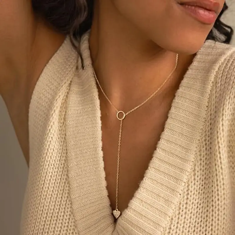 VIROMY Collana Oro Donna18K Placcato Oro Cuore Con Cerchio Traforato a Strato Singolo Collana Gioielli da Donna Personalizzati miniatura 3