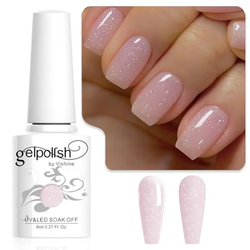 Vishine Smalto Gel Semipermanente Trasparente Glitterato Rosa Nudo, Jelly Lattiginoso Glitter Smalto Soak-Off UV LED Nude Per Studio di Manicure Fai da Te a Casa 8ml