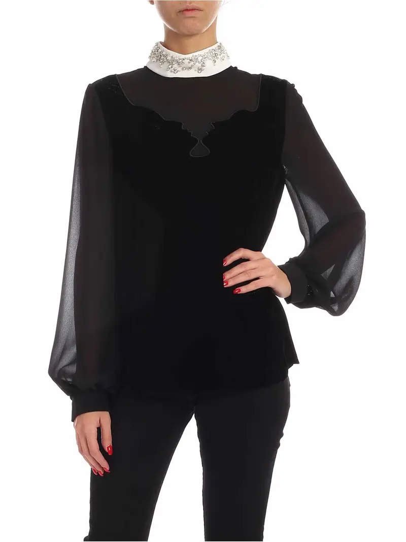 Blusa in velluto con colletto gioiello Nero