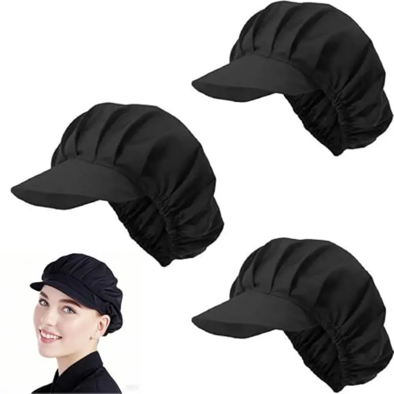 Voarge 3 Pezzi Berretto con Visiera Berretto, Cappello con Fascia Elastica per Donna Cappello da Cuoco Ristorante Cameriere Cucina Nero/Bianco (Nero)