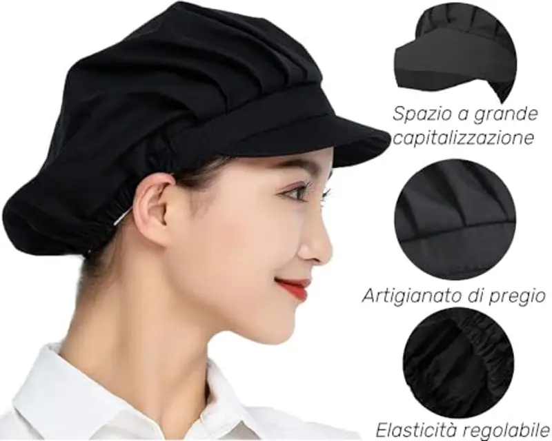 Voarge 3 Pezzi Berretto con Visiera Berretto, Cappello con Fascia Elastica per Donna Cappello da Cuoco Ristorante Cameriere Cucina Nero/Bianco (Nero) miniatura 3
