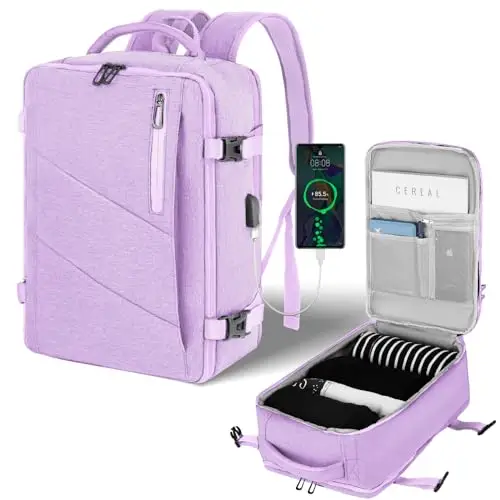 VOESLD Zaino per Ryanair 40x20x25, da Viaggio Aereo Bagaglio a Mano Viola per PC Donna Impermeabile, con Porta USB 20L