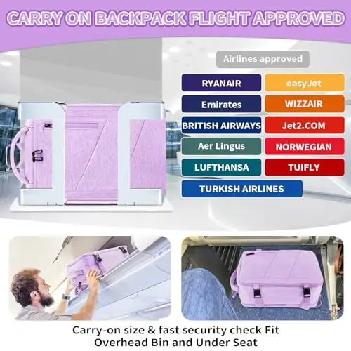 VOESLD Zaino per Ryanair 40x20x25, da Viaggio Aereo Bagaglio a Mano Viola per PC Donna Impermeabile, con Porta USB 20L miniatura 2