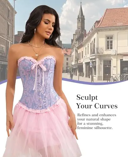Vrapo Corsetto Bustino da donna, Corset con lacci in vita, lingerie modellante, Blu e rosa, XL miniatura 3