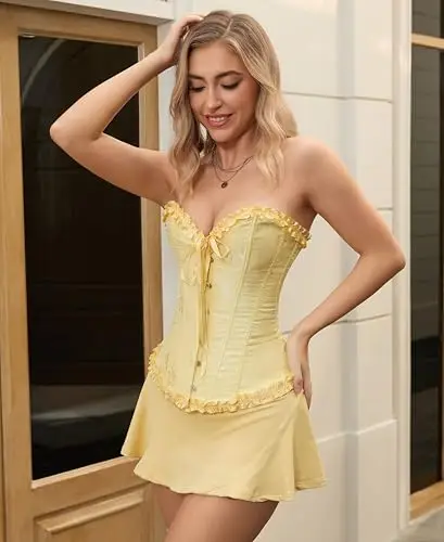 Vrapo Corsetto Bustino da donna, Corset con lacci in vita, lingerie modellante, Giallo 1, L miniatura 3