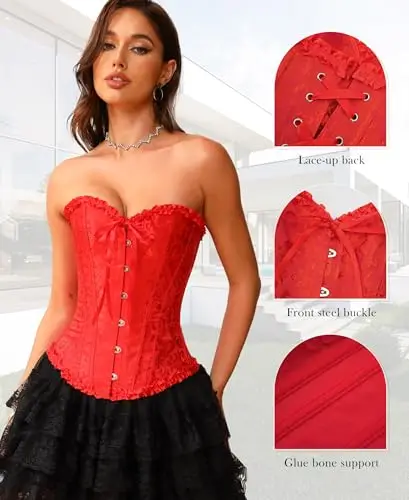 Vrapo Corsetto Bustino da donna, Corset con lacci in vita, lingerie modellante, Rosso, L miniatura 3