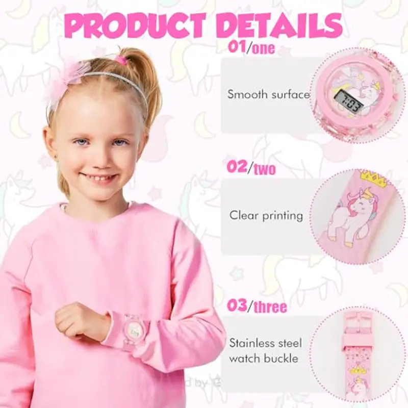 Vspek Orologio elettronicamente per Bambini, Orologio da Polso per Ragazze, Polso unicorno, Cartoni 3D Waterproof Retroilluminazione a 7 Colori, Visualizzazione Della Data e Dell'ora miniatura 3