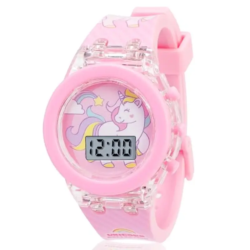 Vspek Unicorn Cartoon Watch for Girls - Electronic Toddler Light Glowing Watch, Best Gifts for Girls Age 3-10 (Pink, rosa