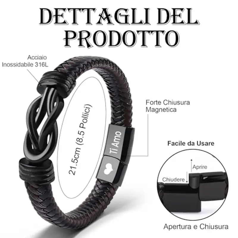 VU100 Bracciale Uomo Regalo per Uomo San Valentino Regalo per Lui Bracciale in Pelle Ti Amo Regalo di Compleanno per miniatura 3