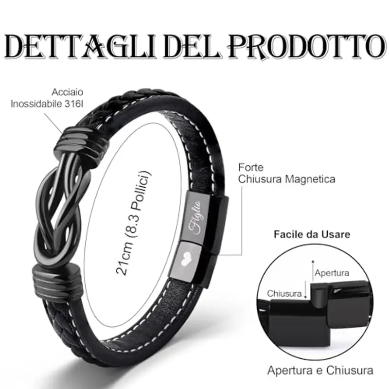 VU100 Regalo per Figlio Bracciale per Figlio Regalo di Laurea per il Figlio Bracciale in pelle da Uomo per il Figlio Regalo Ispiratore Regalo di Compleanno per il Ragazzo (21cm) miniatura 2