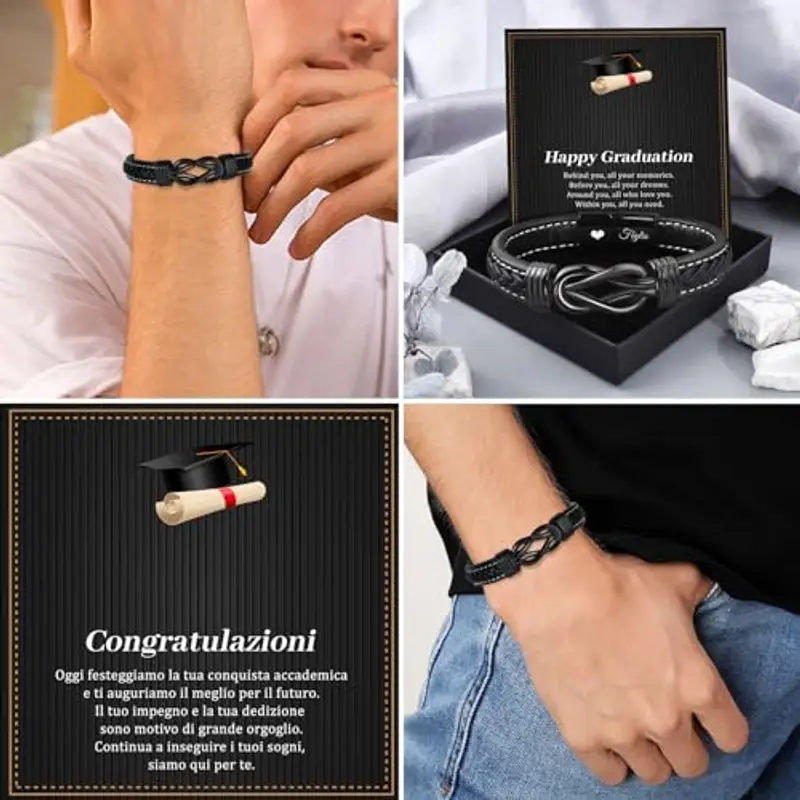 VU100 Regalo per Figlio Bracciale per Figlio Regalo di Laurea per il Figlio Bracciale in pelle da Uomo per il Figlio Regalo Ispiratore Regalo di Compleanno per il Ragazzo (21cm) miniatura 3