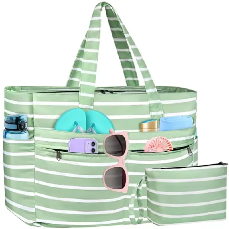 WACCET Borsa Mare Donna Grande, Borsa Spiaggia Donna Impermeabile con Zip Borsa Mare Grande XXL Famiglia 50L Pieghevole Leggera Borsa Beach Tote Bag per Spiaggia, Viaggio, Vacanza, Piscina