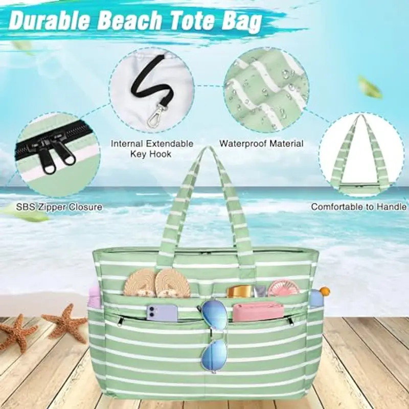 WACCET Borsa Mare Donna Grande, Borsa Spiaggia Donna Impermeabile con Zip Borsa Mare Grande XXL Famiglia 50L Pieghevole Leggera Borsa Beach Tote Bag per Spiaggia, Viaggio, Vacanza, Piscina miniatura 2