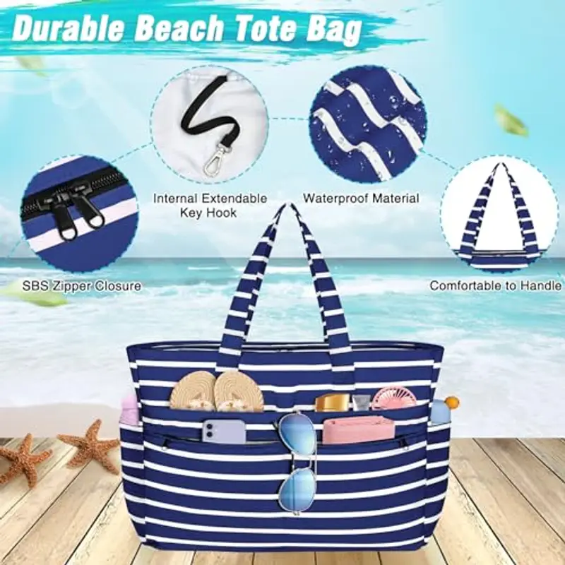 WACCET Borsa Mare Donna Grande, Borsa Spiaggia Donna Impermeabile con Zip Borsa Mare Grande XXL Famiglia 50L Pieghevole Leggera Borsa Beach Tote Bag per Spiaggia, Viaggio, Vacanza, Piscina miniatura 2
