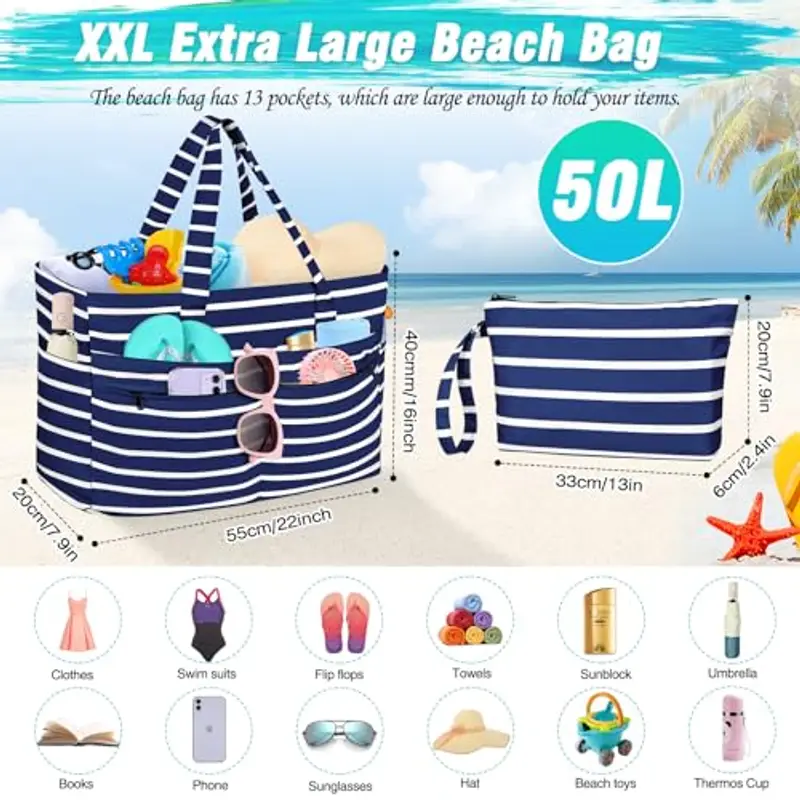 WACCET Borsa Mare Donna Grande, Borsa Spiaggia Donna Impermeabile con Zip Borsa Mare Grande XXL Famiglia 50L Pieghevole Leggera Borsa Beach Tote Bag per Spiaggia, Viaggio, Vacanza, Piscina miniatura 3