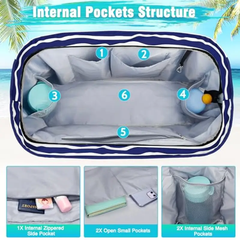 WACCET Borsa Mare Donna Grande, Borsa Spiaggia Donna Impermeabile con Zip Borsa Mare Grande XXL Famiglia 50L Pieghevole Leggera Borsa Beach Tote Bag per Spiaggia, Viaggio, Vacanza, Piscina miniatura 4