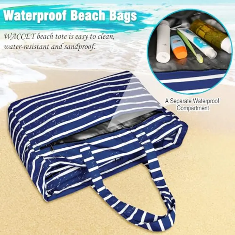 WACCET Borsa Mare Donna Grande, Borsa Spiaggia Donna Impermeabile con Zip Borsa Mare Grande XXL Famiglia 50L Pieghevole Leggera Borsa Beach Tote Bag per Spiaggia, Viaggio, Vacanza, Piscina miniatura 5