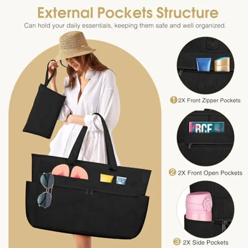 WACCET Borsa Mare Donna Grande, Borsa Spiaggia Donna Impermeabile con Zip Borsa Mare Grande XXL Famiglia 50L Pieghevole Leggera Borsa Beach Tote Bag per Spiaggia, Viaggio, Vacanza, Piscina miniatura 3